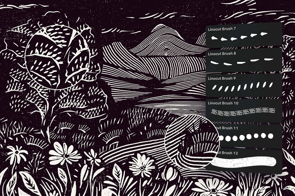 12支木刻刻刀纹理笔刷(Procreate/CSP/Affinity)